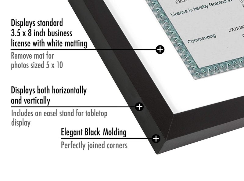 Americanflat 5x10 Business License Frame with Shatter-Resistant Glass - Use as 3.5x8 Frame with Mat or Display 5x10 Document Without Mat - Legacy Collection - Black License Frames for Tabletop or Wall - Image 3